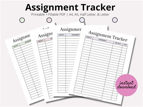 Assignment Tracker Assignment Printable List Homework Checklist