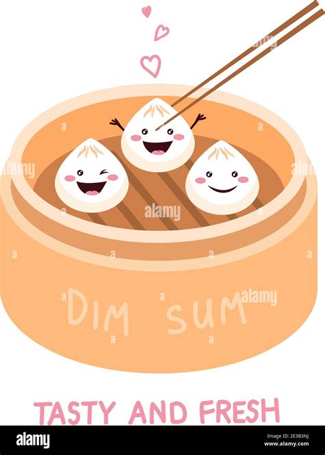 Cute Cartoon Dim Sum Traditional Chinese Dumplings With Smiling Faces