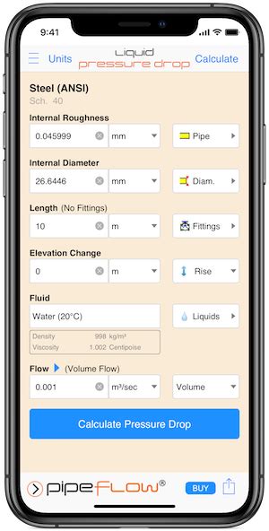 Pipe Flow Liquid Pressure Drop Calculator