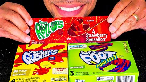 Asmr Fruit Roll Up Gusher Fruit By The Foot Candy Bites Assorted Flavors Chewy Eating Show