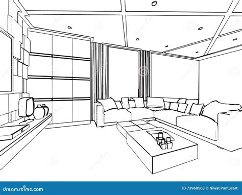 Outline Sketch Drawing Interior Perspective of House Stock Vector ...