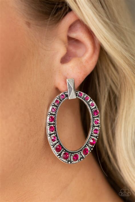 Paparazzi All For Glow Pink Gem Silver Hoop Post Earrings