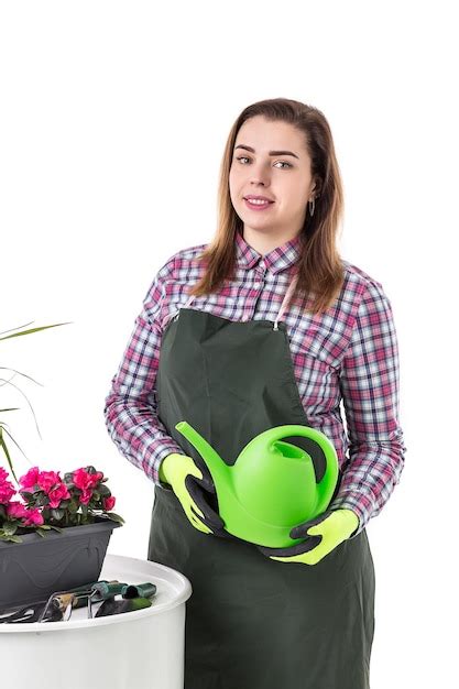 Premium Photo Woman Professional Gardener Or Florist In Apron Holding