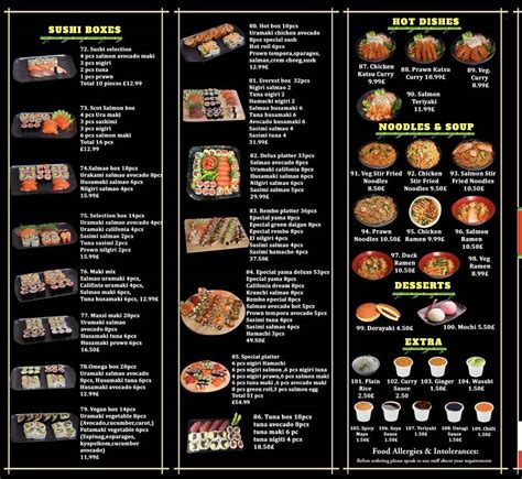 Menu at Toro sushi restaurant, London