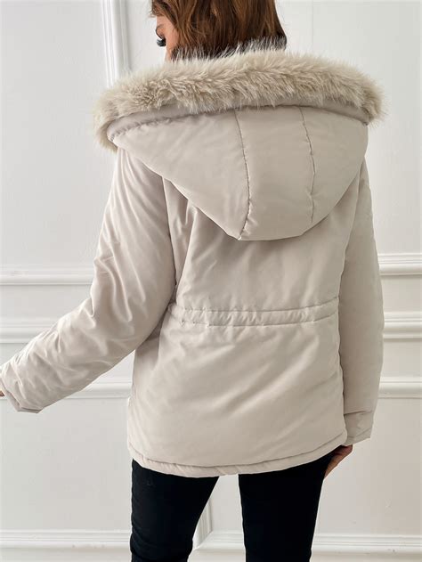 Fuzzy Trim Slant Pocket Drawstring Waist Hooded Parka Coat Online Store