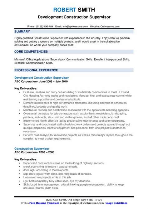 Construction Supervisor Resume Samples Qwikresume