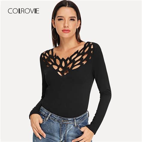 Colrovie Black Cut Out V Neck Elegant T Shirt Women Clothes 2018 Autumn