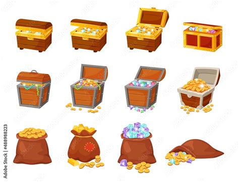 Vetor De Cartoon Pirate Treasure Chests Bags With Gold And Jewels