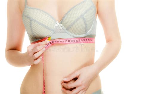 Woman In Bra Lingerie Measuring Her Chest Breasts Stock Photo Image