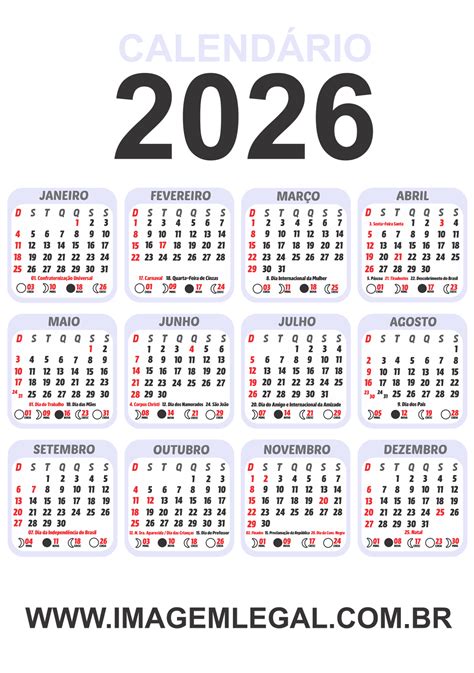 Calendário 2026 com Feriados em PNG para Imprimir - Imagem Legal