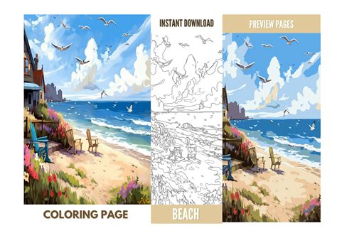 Beach Landscape Coloring Pages for Adults, Grayscale Coloring Book ...