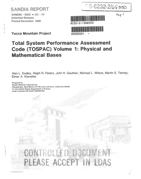 Pdf Total System Performance Assessment Code Tospac Volume 1