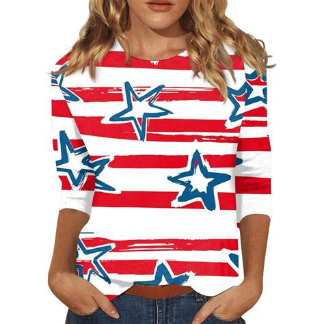 Julmcomo 4th Of July American Flag 34 Sleeve T Shirt For Women Independence Day Usa Flag Tee