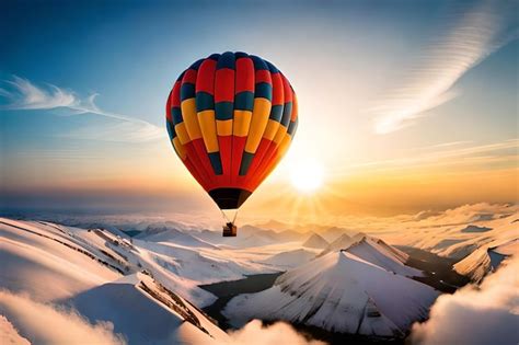 Premium Ai Image A Hot Air Balloon Flying Over A Snowy Mountain