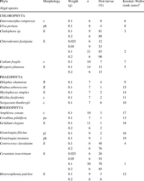 Classiwcation Of The 19 Species Of Macroalgae And Their Settlement And