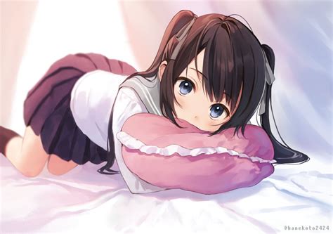 Safebooru 1girl All Fours Bangs Bed Sheet Black Hair Black Legwear