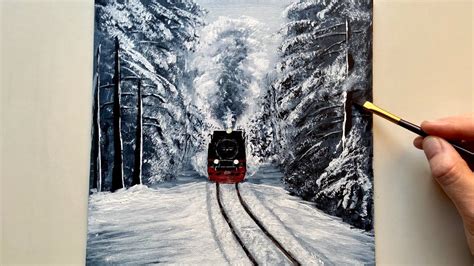 Snowy Train Acrylic Painting Tutorial Easy Art Youtube