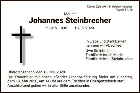 Traueranzeigen Von Johannes Steinbrecher Trauer Hna De