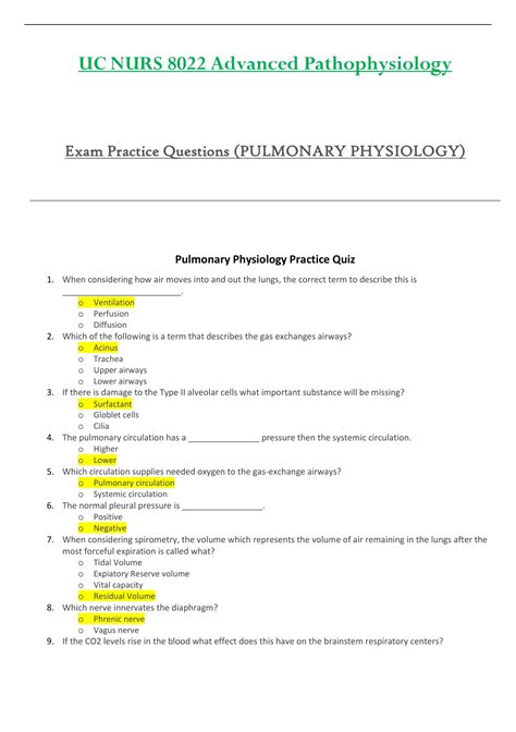 Exam Practice Questions Pulmonary Physiology Nurs Nurs