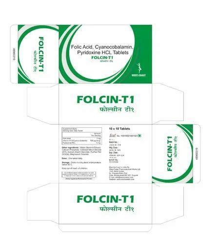 Folcin T1 Tablets Folic Acid Cyanocobalamin Pyridoxine Hcl Tablets