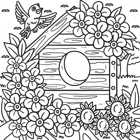 Spring Bird House With Flowers Coloring Page 15529243 Vector Art At