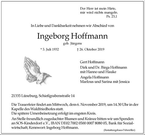 Traueranzeigen von Ingeborg Hoffmann Trauer Lüneburg de