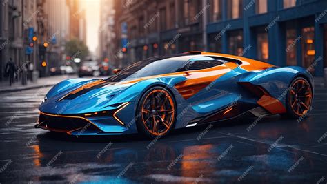 Premium Ai Image Futuristic Blue And Orange Sports Car On City Street