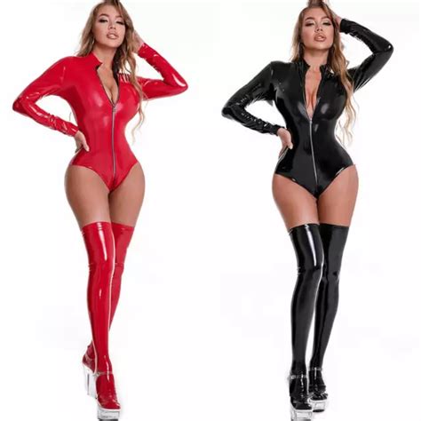 Ladies Shiny Wetlook Leather Bodysuit High Cut Leotard Catsuit 2 Zipper