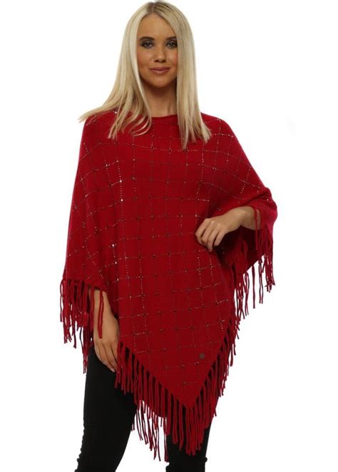 Red Studded Asymmetric Fringe Poncho Fringed Poncho Daytime Outfit