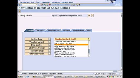 SAP Product Costing Configuration Creating Costing Variant T Code