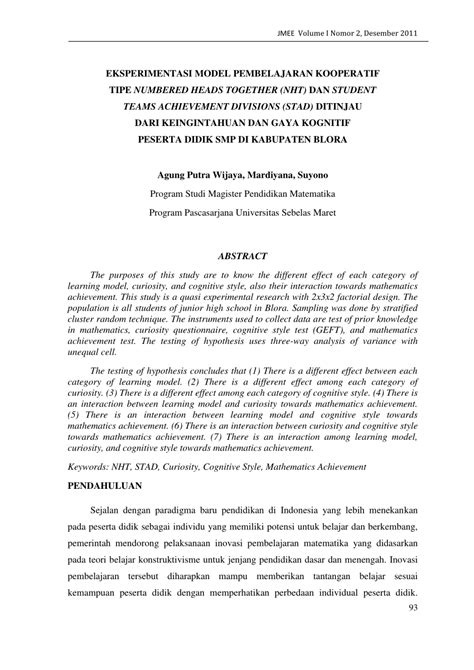 PDF EKSPERIMENTASI MODEL PEMBELAJARAN KOOPERATIF TIPE NUMBERED HEADS