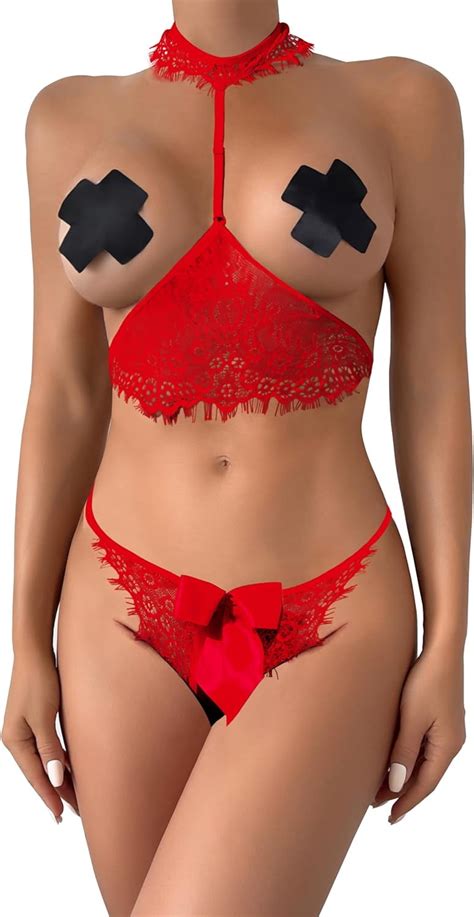 Chyycnych Sexy Bow Choker Halter Floral Lace Sheer Lingerie Set For