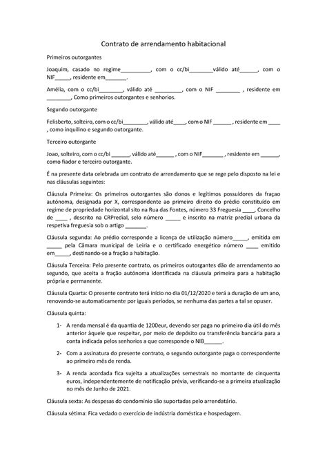 Exemplo Contrato Contrato De Arrendamento Habitacional Primeiros Outorgantes Joaquim Casado