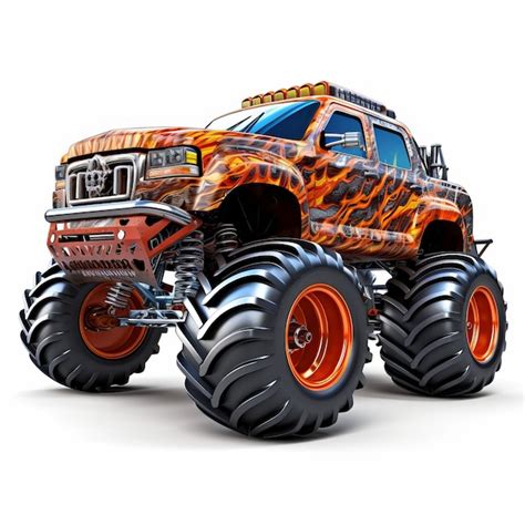 Realistic Orange Monster Truck With Flaming Hood Premium AI Generated