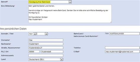 Bahncard kündigen Online per Brief Fax und E Mail