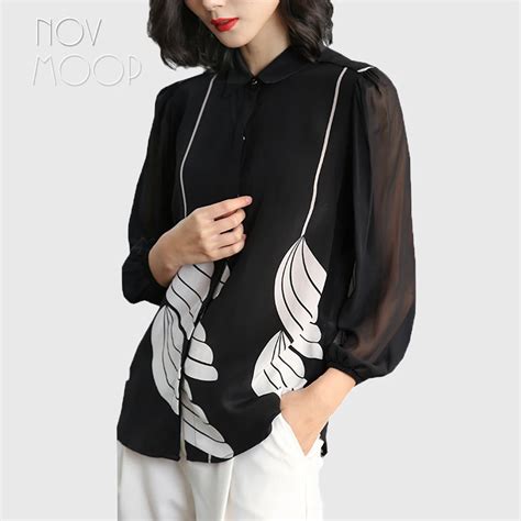 Office Style Ladies Pure Natural Silk Tops And Blouses Black White