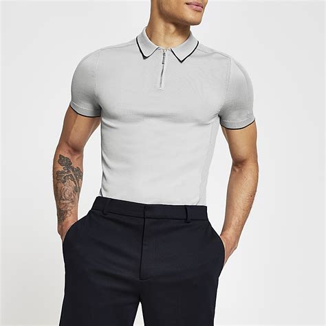 Grey Half Zip Muscle Fit Knitted Polo Shirt River Island