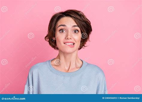 Photo Of Impressed Millennial Bob Hairdo Lady Bite Mouth Wear Blue