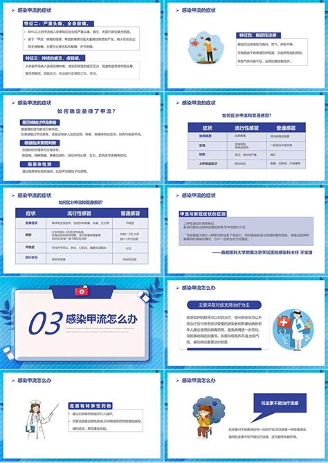 蓝色医疗关注春季传染病健康预防甲流甲型流感病毒知识科普讲座PPT模板 卡卡办公