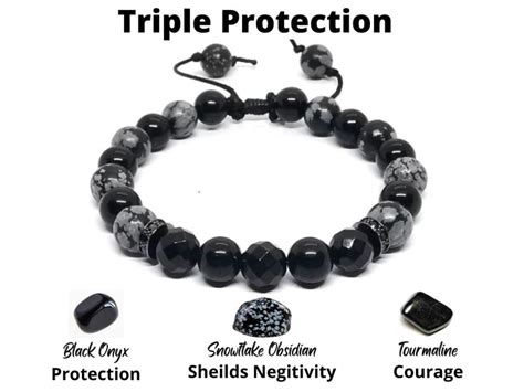 Triple Protection Bracelet Snowflake Obsidian Onyx And Black