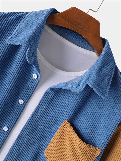 Corduroy Solid Color Patchwork Chest Pocket Long Sleeve Shirts For Men