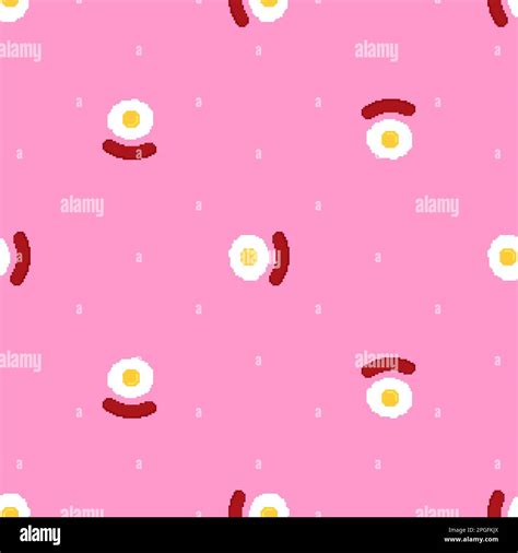 Egg And Sausage Pixel Art Pattern Seamless 8 Bit Fried Egg And Bacon Background Pixelated