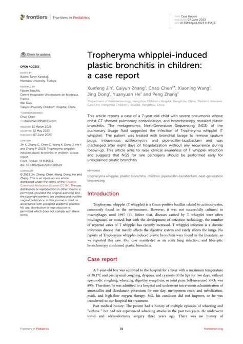 Pdf Tropheryma Whipplei Induced Plastic Bronchitis In Children A