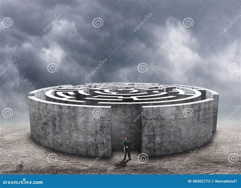 Man Standing In Front Of The Circular Labyrinth Stock Illustration