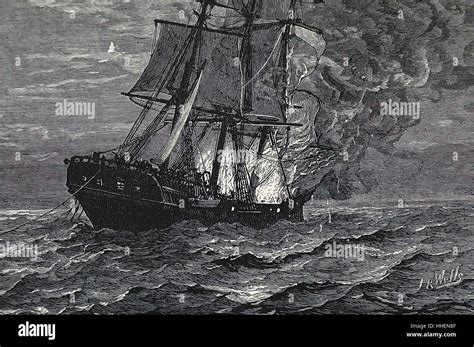 Illustration Depicting A Ship On Fire In The Middle Of The Sea Dated