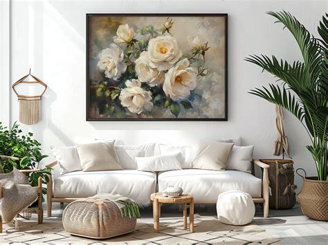 White Roses Wall Art Printable Oil Painting Wheat Field Digital