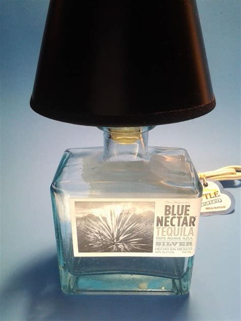 Blue Nector Tequila Liquor Bottle Table Lamp W Black Shade Contains