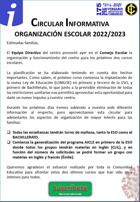 Circular Informativa OrganizaciÓn Escolar 2022 2023 Ies Canarias