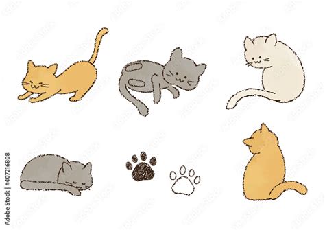 クレヨン画 いろいろなポーズの猫のイラストセット Stock Vector Adobe Stock