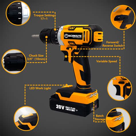 Worksite 20v Cordless Drill Set 70pcs 3 8inch Battery Power Combo Kit